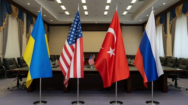 conference hall with flags of ukraine, usa, turkey and russia. empty chairs and a long table emphasize readiness for international dialogue, multilateral negotiations and consensus.