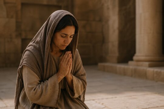 hannah kneeling in quiet prayer within a temple court, an intimate biblical scene of longing, sorrow and trust that expresses maternal hope, devotion and silent spiritual surrender