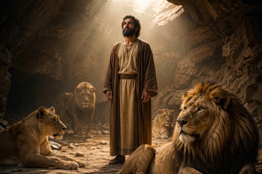 daniel standing calmly among lions in a shadowed den, a biblical scene of unwavering faith and divine protection where danger surrounds him yet peace remains unbroken