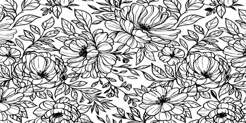 Obraz premium Vintage black and white seamless floral pattern vector with ornate flower and leaf illustrations for textile wallpaper design