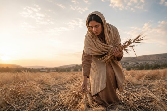 ruth gathering leftover grain in a sunlit field at golden hour, a tender biblical scene of humble labor, provision and dignity that conveys harvest, poverty, faith and quiet perseverance
