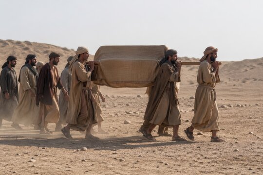 priests carrying the ark of the covenant across a dusty wilderness road, a reverent biblical procession marked by distance, sacred order, humility and solemn devotion under harsh desert light