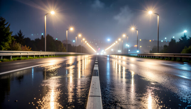 Empty wet highway at night with glowing streetlights.