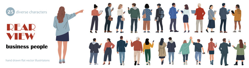 Fototapeta premium Rear view business people set with 25 diverse characters standing and walking. Casual professionals using laptops, phones and tablets, back view isolated on transparent background