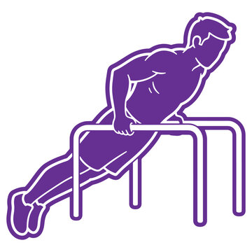 Illustration of a person performing a pushup on parallel bars showcasing strength and fitness in a minimalist style
