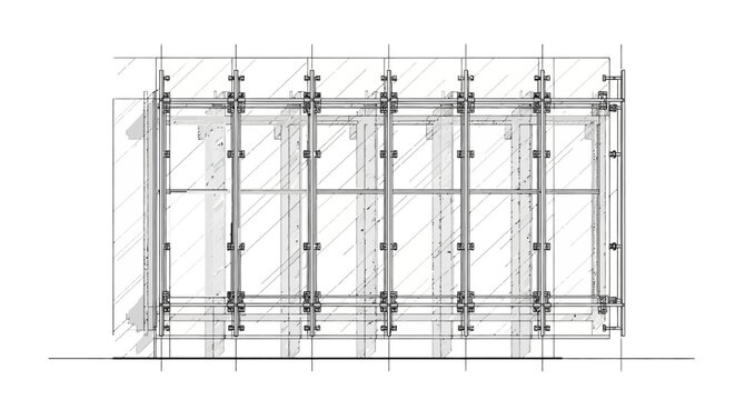 Architectural drawing of a modern glass facade system with detailed structural components and connections for a building exterior.