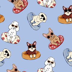 Cute dogs in colorful pool floats wearing sunglasses seamless pattern with French Bulldog Corgi Poodle and Retriever on light blue background