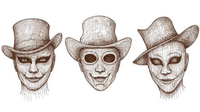 Three stylized portraits, each depicting a face wearing a hat. Detailed, sketched, and ominous