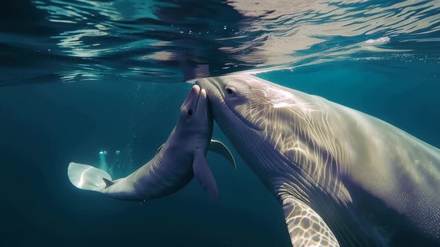 海面直下で寄り添い息を合わせる母子のクジラ