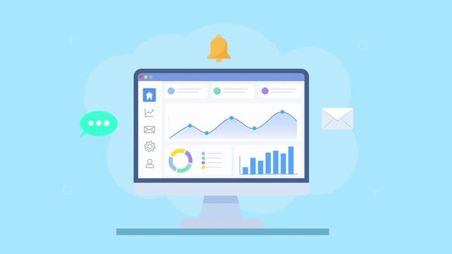 Flat vector animation of a desktop analytics dashboard with charts, notification bell, chat bubbles, and email icons. Concept of alerts, communication, and real time business updates.