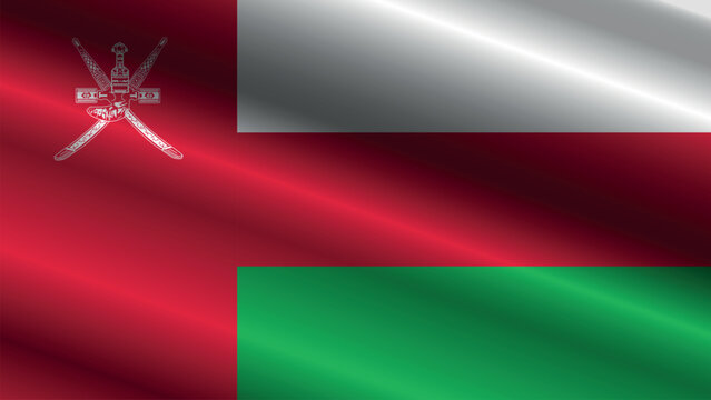 Glossy and shining flowing satin fabric texture with the colors of the flag of Oman and green takbir.