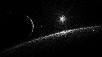 Planet and star in deep space vector background. Monochrome stippled galaxy illustration with celestial body and glowing sun. Cosmic mystery, astronomy, universe and science concept. © marruu