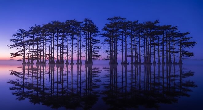 Trees reflected in calm water at dusk, with a gradient blue and pink sky reflection