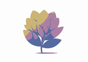 Minimalist two-tone plant icon with abstract leaves in purple and yellow hues, representing growth and natural beauty in a stylized graphic design © kontal