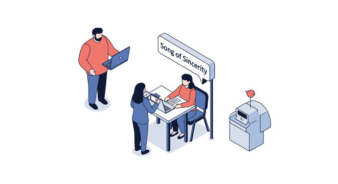 Isometric illustration of people at security checkpoint with laptop and sign.