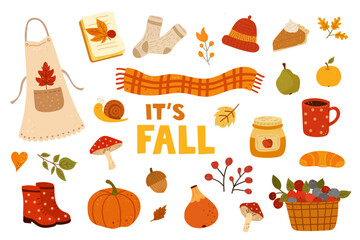 Autumn elements set with leaves pumpkins acorns cozy seasonal collection © INVITO ARTE