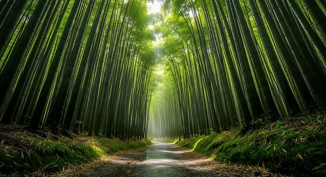Serene bamboo forest path with sunlight filtering through, mossy embankments and leaf litter road