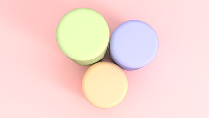 Fototapeta premium Top Down View of Three Pastel Cylinder Podiums on Pink Background
