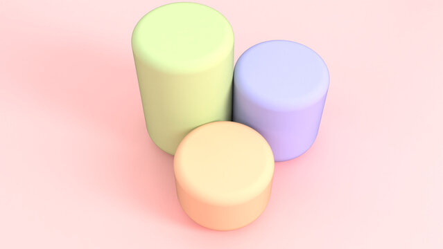 Three Pastel Cylinder Podiums Green Purple Peach on Pink Background