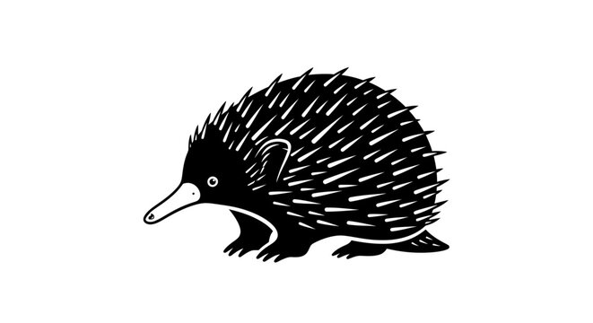 Stylized illustration of an echidna animal in black and white design