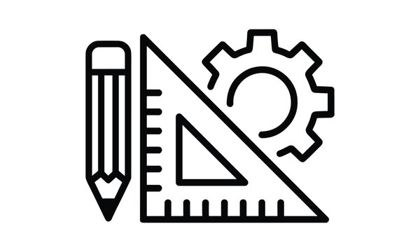 line art design of pencil, triangle ruler and gear