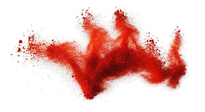 Vibrant red spice powder explosion on white background, dynamic paprika or chili powder splash, organic food seasoning dust cloud