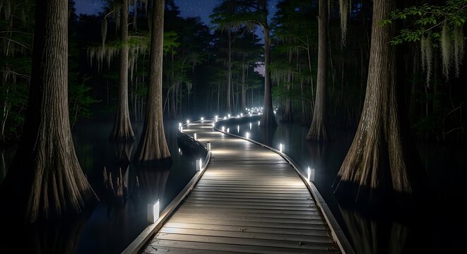Wooden boardwalk through a misty, illuminated cypress swamp at night wooden path cypress trees