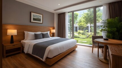 Fototapeta premium A spacious modern hotel room featuring comfortable bedding and large offering a peaceful view of the surrounding nature