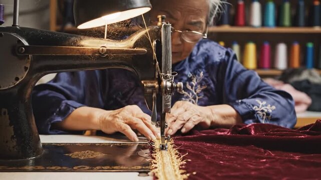 Old Asian Craftswoman Carefully Creating Decorative Velvet Embellishments. Mature Asian Dressmaker Meticulously Sewing Intricate Velvet Borders Using Antique Machinery In Warm Ambiance