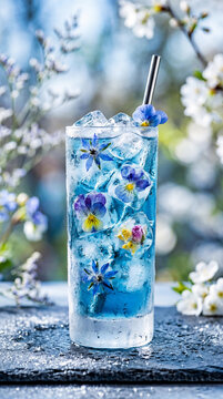 Refreshing icy blue cocktail with edible flower ice cube and metal straw in blooming spring garden for cool blue drink aesthetic and floral lock screen background