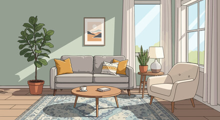 Fototapeta premium Cozy Living Room with Natural Light, Sofa, Armchair, and Plants