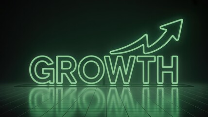 Fototapeta premium Green Neon Growth Arrow with Reflection on Dark Background