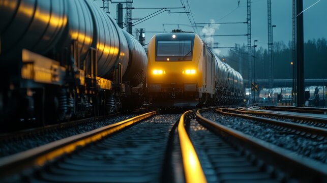 Evening train journey rail yard photography urban environment side view industrial movement