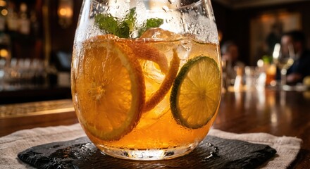 Refreshing citrus cocktail with orange slices in a glass bar