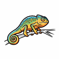 Naklejka premium Chameleon perched on a thin branch demonstrates the vibrant color patterns of the reptile in a detailed artistic illustration.