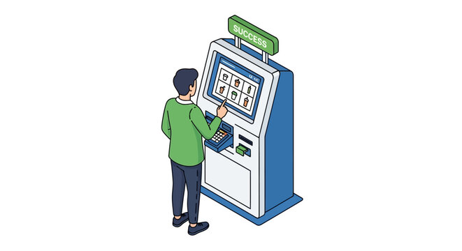 Isometric Vector illustration of a customer placing an order at an in-store self-service digital kiosk, showcasing a modern business solution for efficient retail operations and customer interaction