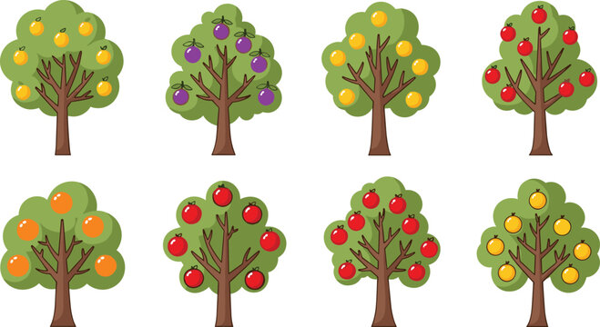 Cartoon Fruit Trees Set with Apple, Orange, Plum, and Citrus Trees for Garden and Orchard Vector Illustration.