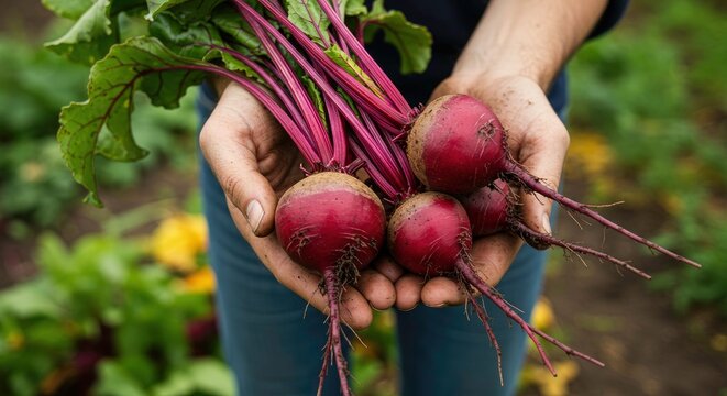Person holding fresh red beets.