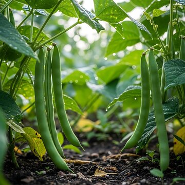 Green bean plants growing in the garden, fresh vegetables.