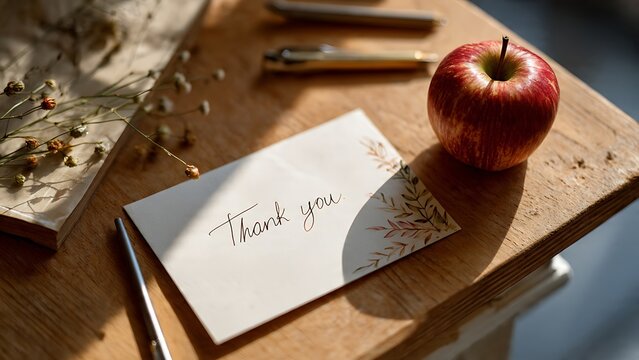 Handwritten thank you note with apple on wooden desk creating warm gratitude concept and personal message scene