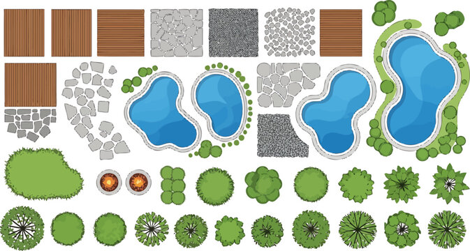 Top View Landscape Design Vector Elements Set with Swimming Pools Trees Wooden Decking and Stone Paving Textures
