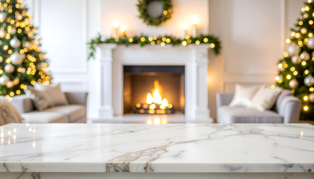Marble countertop with blurred festive living room fireplace and Christmas tree lights.