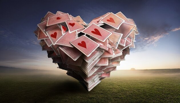 a house of cards in the shape of a heart trembling as though itrs about to collapse