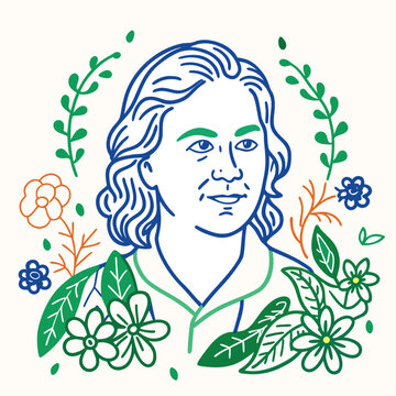 Illustration of William Shakespeare, floral wreath, blue and green lines, flowers