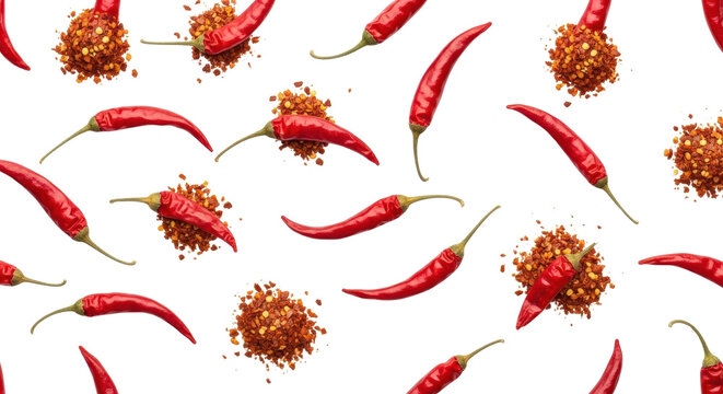 Red chili pepper pattern on white background, spicy hot chili flakes and whole dried peppers, vibrant food seasoning culinary backdrop