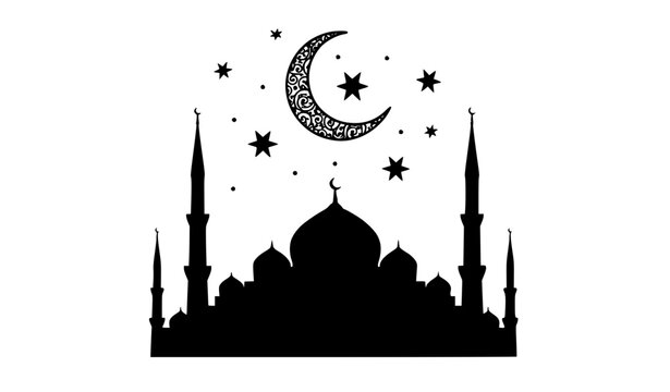 Islamic mosque silhouette with crescent moon and stars Ramadan background vector design