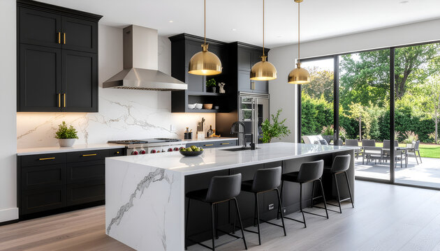 Contemporary kitchen with black cabinets marble island and brass pendants.