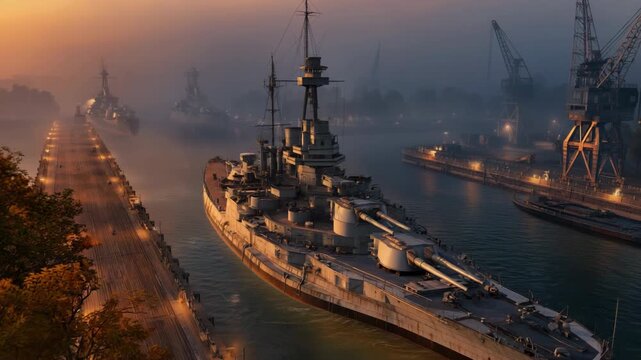 Battleship canal dawn cruiser dockyard arriving through misty channel past cranes with morning light and industrial waterfront atmosphere