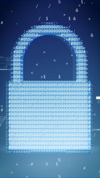 Vertical composition featuring ASCII styled padlock formed by characters, surrounded by floating symbols and interface elements, illustrating secure data systems and modern cyber defense.