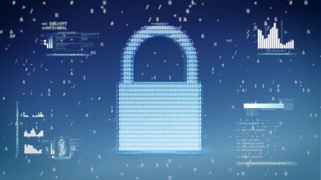 Glowing ASCII lock symbol composed of animated characters floats on blue gradient background with data fragments, charts and code elements, representing cybersecurity and digital protection.